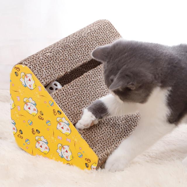 Triangular Cat Scratcher Box with Bell Ball, Safe Corrugated Paper Toy