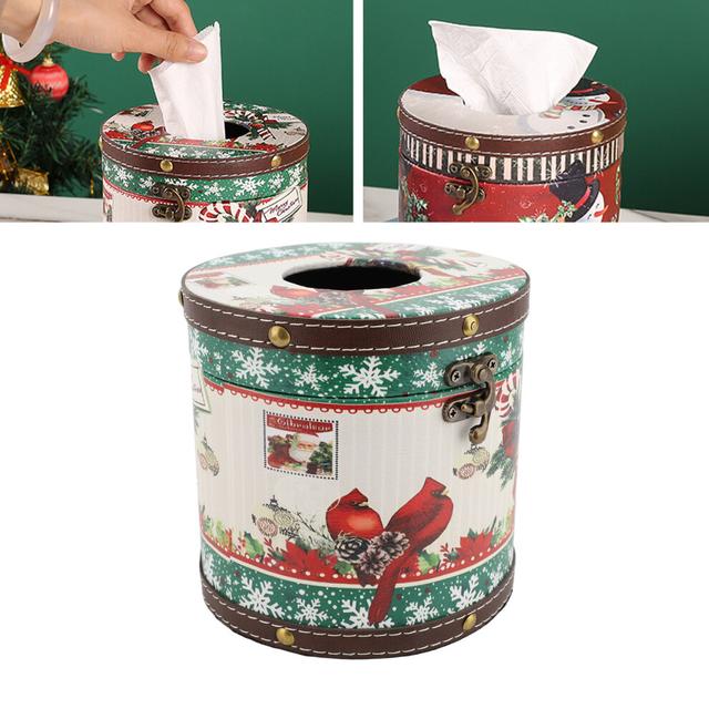 Vintage Wooden Leather Round Tissue Cover Holder 14cm Bird Pattern