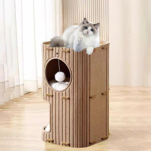 (Brown) Cats House For Indoor Cats 2 Storey Cats Bed Cave With 2 Washable Detachable Mat Felts Covered Cats Tunnel Condo Hideaways For Multicats