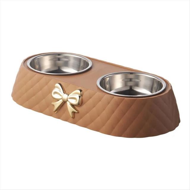 1PC Dog Cat Food Bowls Bowtie Double Bowl Pet Supplies Brown