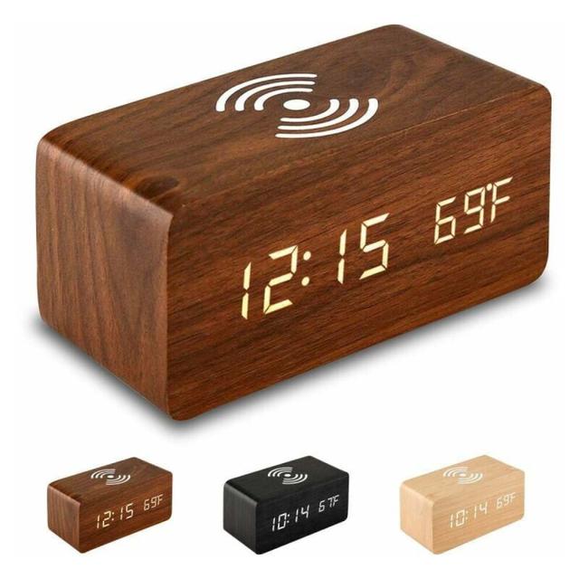 Digital Alarm Clock with Elegant Modern Design, Fast Wireless Charging, and Adjustable Brightness, Ideal for Bedrooms (Brown)
