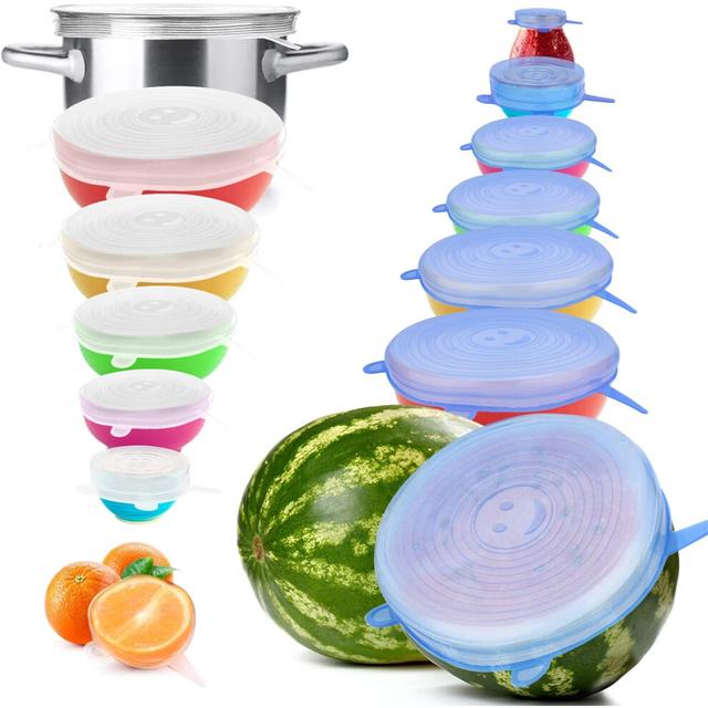 Silicone Stretch Lids, Reusable Silicone Lids for Food Storage, Eco-friendly, Airtight Seal, Dishwasher Safe, Odor Resistant, Transparent And Blue, 6