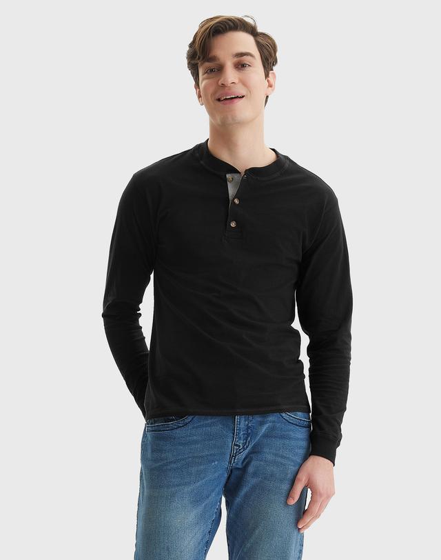 Hanes Beefy-T Men's Long Sleeve Henley Ebony 3XL