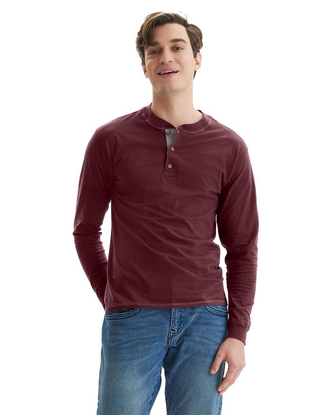 Hanes Beefy-T Men's Long Sleeve Henley Mulled Berry L