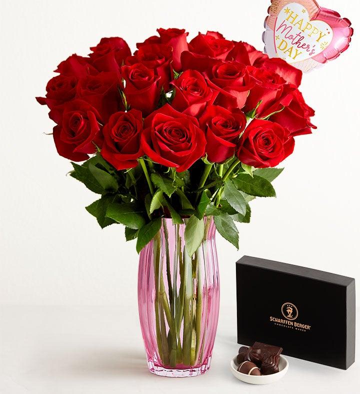 1-800-Flowers Flower Delivery Two Dozen Red Roses For Mother's Day W/ Clear Vase & Chocolate