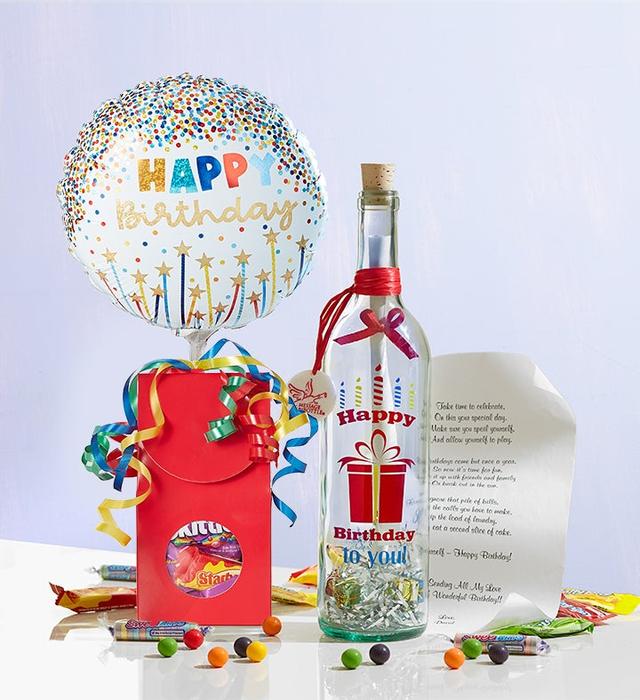 1-800-Flowers Everyday Gift Delivery Personalized Happy Birthday Message In A Bottle W/ Balloon & Candy