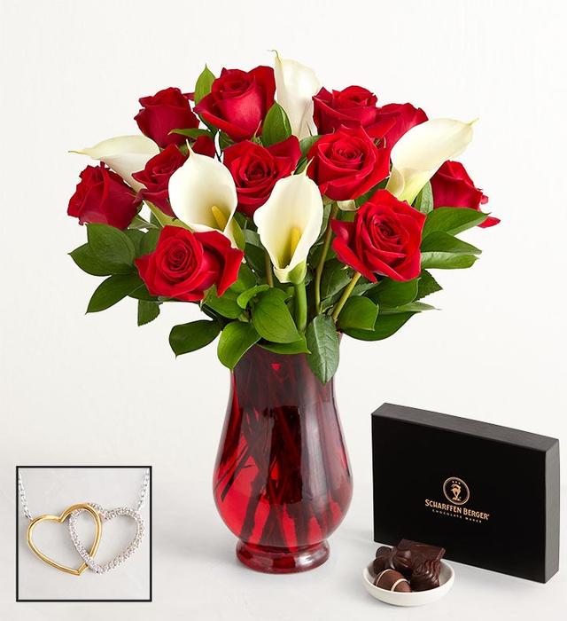 1-800-Flowers Flower Delivery Red Rose & Calla Lily Bouquet For Valentine's Day W/ Red Vase, Necklace & Chocolate