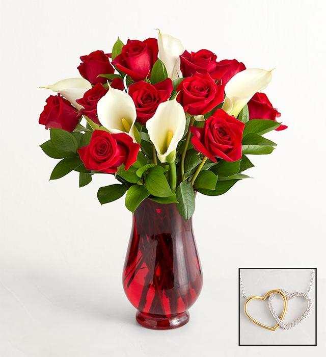 1-800-Flowers Flower Delivery Red Rose & Calla Lily Bouquet For Valentine's Day W/ Red Vase & Necklace