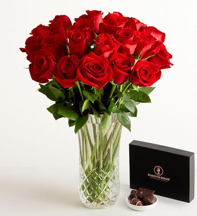 1-800-Flowers Flower Delivery Two Dozen Red Roses W/ Luxury Posh Vase W/ Posh Vase & Chocolate