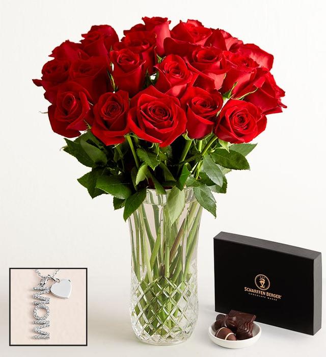 1-800-Flowers Flower Delivery Two Dozen Red Roses W/ Luxury Posh Vase W/ Posh Vase, Necklace & Chocolate