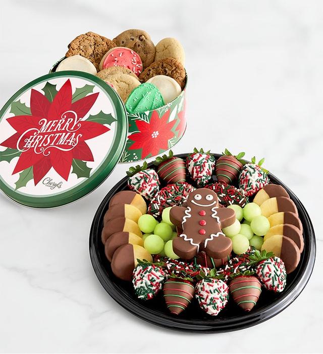 Holiday Dipped Fruit Platter w/ Cheryl's® Holiday Cookie Tin | Perfectly Plated™ - Fruit Arrangements by FruitBouquets.com