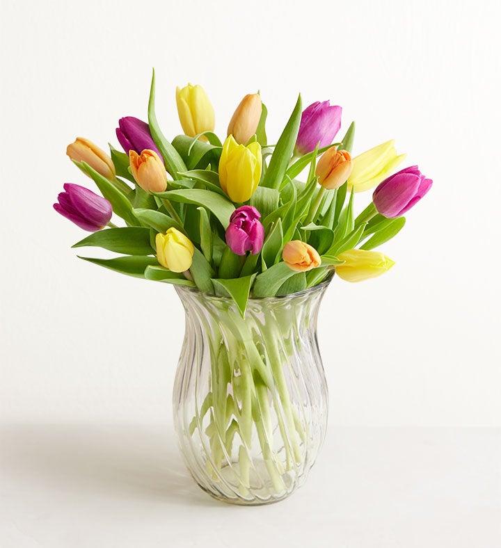 1-800-Flowers Flower Delivery Assorted Tulip Bouquet 15 Stems W/ Clear Vase