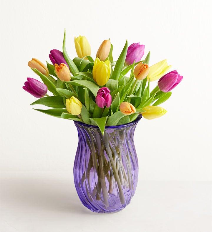 1-800-Flowers Flower Delivery Assorted Tulip Bouquet 15 Stems W/ Purple Vase