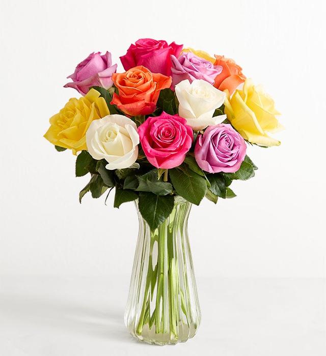 1-800-Flowers Flower Delivery One Dozen Assorted Roses W/ Clear Vase | Fulfilled By Local Florists