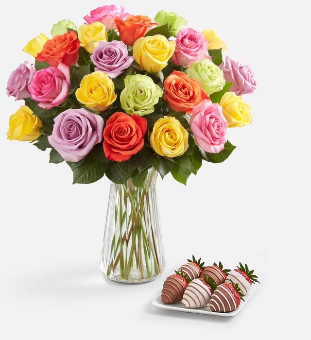 Assorted Roses & Drizzled Strawberries | 24 Assorted Roses w/ Vase & 6Ct Gourmet Drizzled Strawberries | Shari's Berries