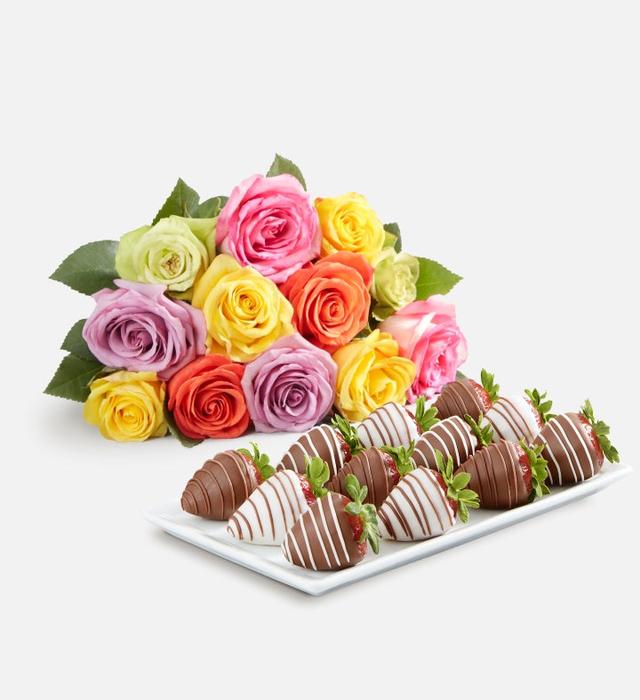 Assorted Roses & Drizzled Strawberries | 12 Bouquet Only 12Ct Gourmet | Shari's Berries