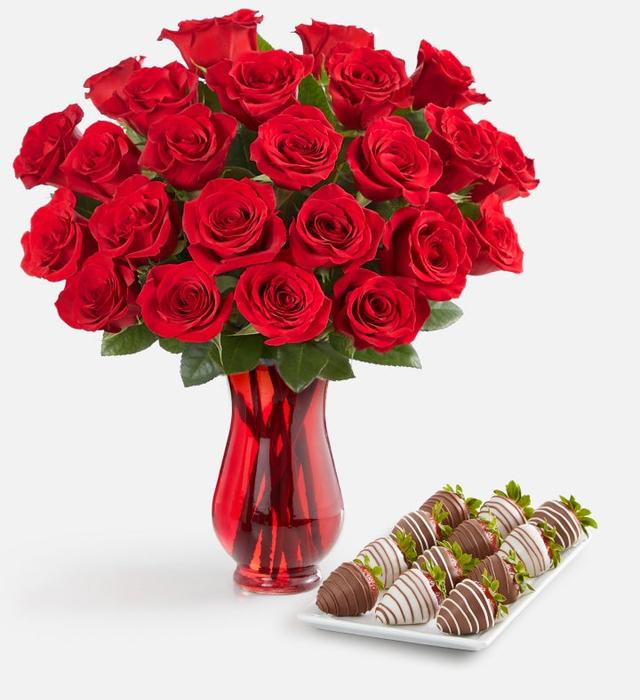 Red Roses & Drizzled Strawberries | 24 Red Roses w/ Vase & 12Ct Gourmet Drizzled Strawberries | Shari's Berries