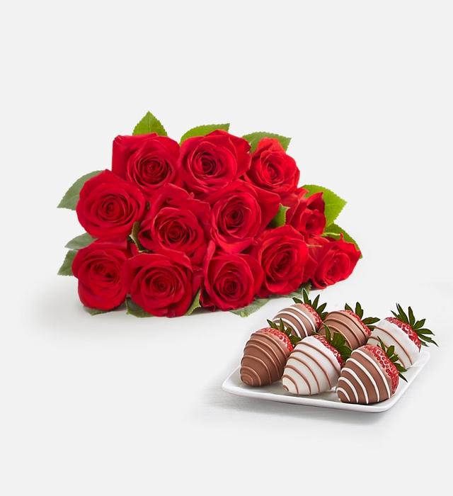 Red Roses & Drizzled Strawberries | 12 Bouquet Only 6Ct Gourmet | Shari's Berries