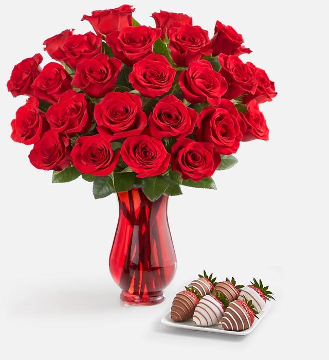 Red Roses & Drizzled Strawberries | 24 Red Roses w/ Vase & 6Ct Gourmet Drizzled Strawberries | Shari's Berries