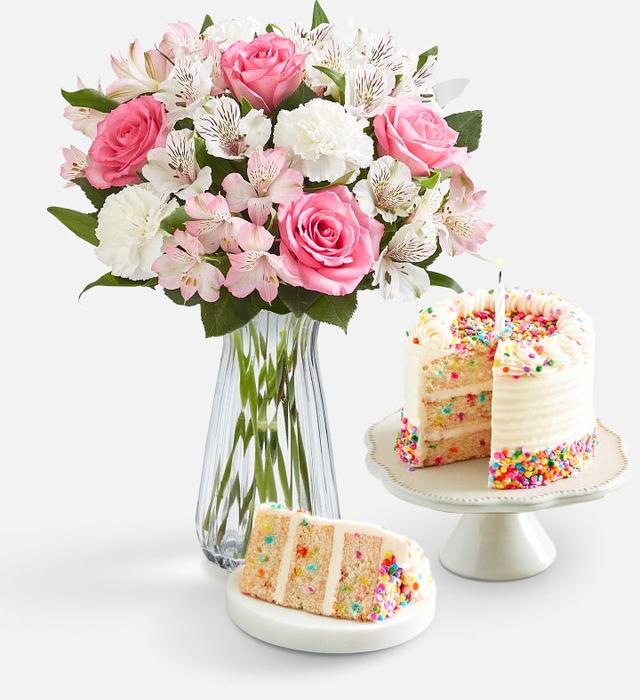 Cherished Blooms & Time to Celebrate Birthday Cake™ | Cherished Blooms Bouquet w/ Vase & Time To Celebrate Birthday Cake | Shari's Berries