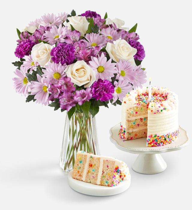 Lavender Garden & Time to Celebrate Birthday Cake™ | Lavendar Garden Bouquet w/ Vase & Time To Celebrate Birthday Cake | Shari's Berries