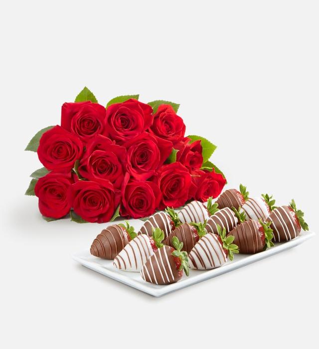 12 Red Roses & 12 Chocolate Strawberries Gift Collection