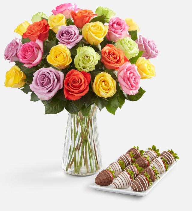 Assorted Roses & Drizzled Strawberries | 24 Assorted Roses w/ Vase & 12Ct Gourmet Drizzled Strawberries | Shari's Berries