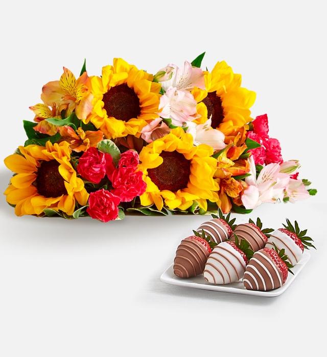 Warm Sunset Bouquet with 6 Chocolate Drizzled Strawberries