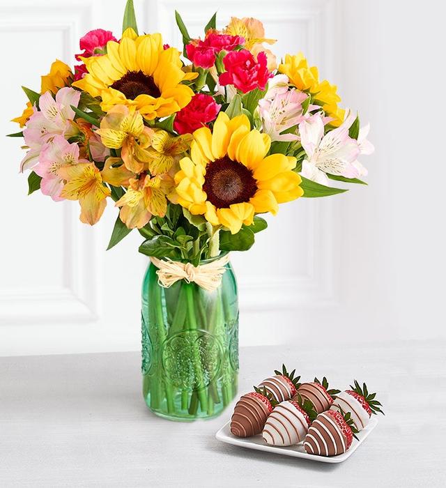 Warm Sunset™ Bouquet & Drizzled Strawberries | Bouquet w/ Vase And 6Ct Gourmet Drizzled Strawberries | Shari's Berries