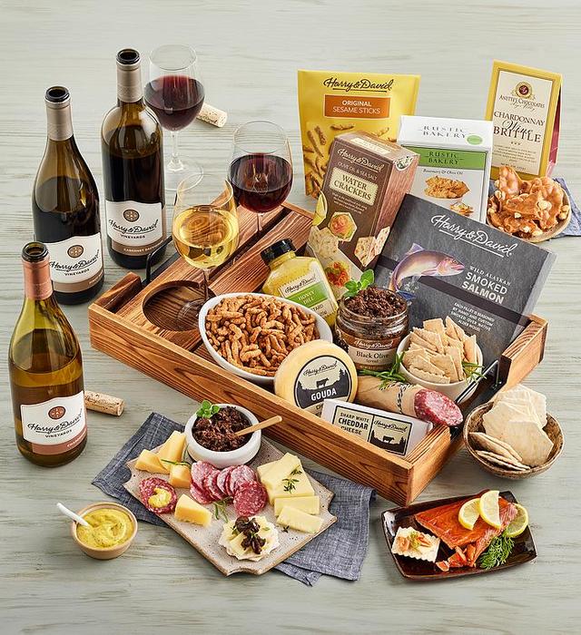 Artisan Appetizers Tray With Wine - 3 Bottles, Gourmet Assorted Foods, Cheese by Harry & David