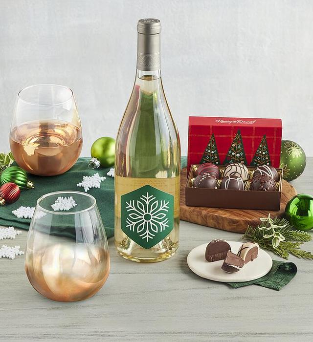 Holiday Wine Glass Set With White Wine, Bar Glassware Drinkware by Harry & David