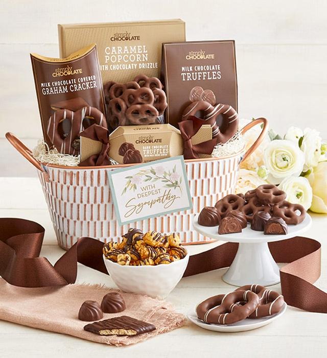 Sympathy Snacking Favorites Basket-Deluxe, Family Item Food Gourmet Candy Confections Chocolate, Gifts by Simply Chocolate