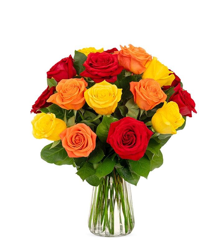 Vibrant Red Yellow Orange Rose Bouquet with Salal | 6-36 Stems