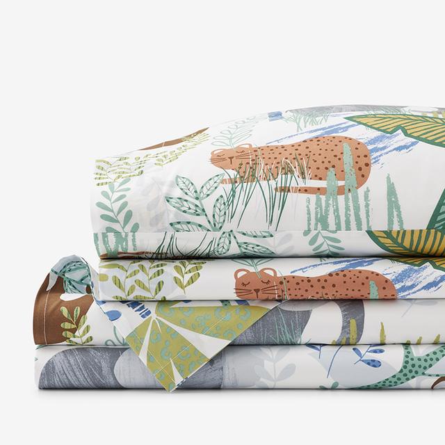 Jungle Classic Cool Organic Cotton Percale Bed Sheet Set - Blue/Brown, Size Queen, Animals Whimsy | The Company Store