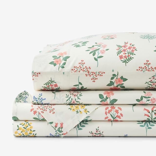 Hawthorne Classic Cool Percale Bed Sheet Set - Green/Ivory/Pink, Size King, Floral | The Company Store