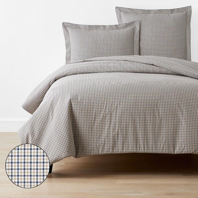 Classic Stripes and Plaids Cool Yarn-Dyed Cotton Percale Duvet Cover - Mini Check Multi, King/Cal. King - Beige/Navy | The Company Store