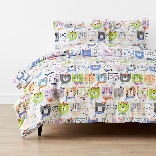 Stylish Cats Classic Cool Organic Cotton Percale Duvet Cover Set - White Multi, Twin/Twin XL - Blue/Green/Purple | The Company Store
