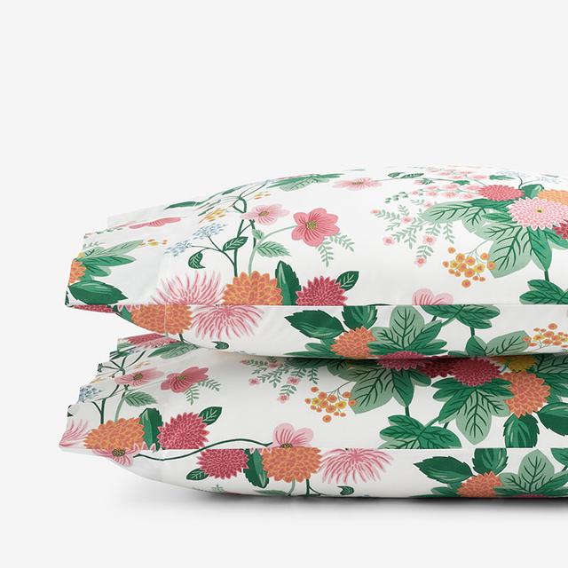 Dahlia Classic Cool Cotton Percale Pillowcase Set - Green/Pink, Size King | The Company Store