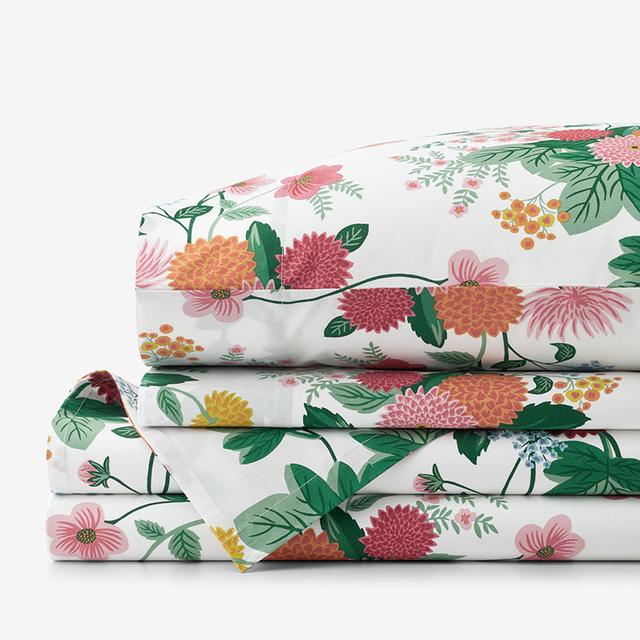 Rifle Paper Co. Dahlia Cotton Percale King Sheet Set | Green & Pink Floral