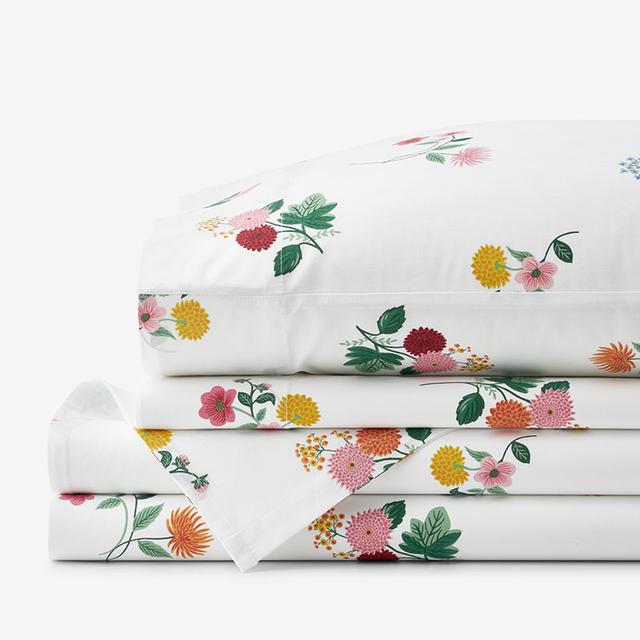 Ditsy Dahlia Classic Cool Cotton Percale Bed Sheet Set - Green/Pink, Size Queen | The Company Store
