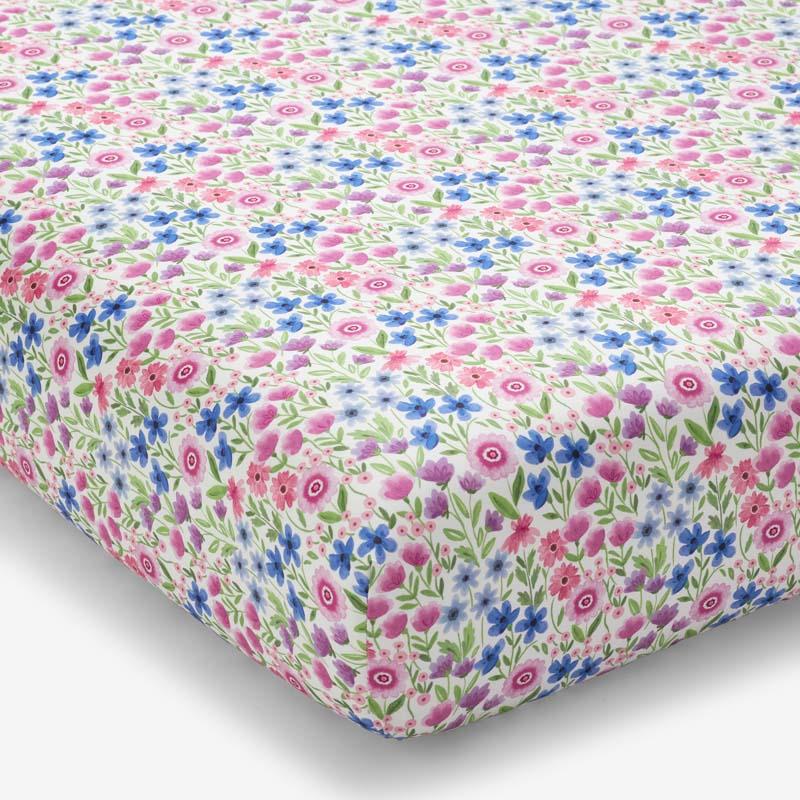 Joy Garden Classic Cool Organic Cotton Percale Fitted Crib Sheet - Green/Pink/Purple, Size 27.5 In. x 52 In. + 9 In. | The Company Store