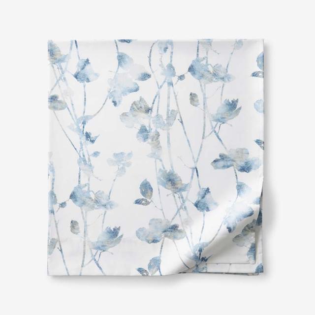Garden Leaf Premium Smooth Wrinkle-Free Sateen Flat Bed Sheet - Blue/White, Size Queen | The Company Store