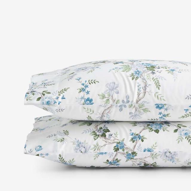 Manor Floral Premium Smooth Sateen Pillowcase Set - Blue/Ivory, Size Standard | The Company Store