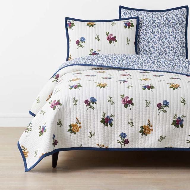 Alden Floral Reversible Quilt - Ivory, King/Cal. King - Blue/White, Size California King, Cotton | The Company Store