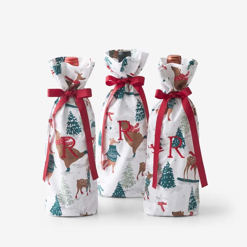 Flannel Wine Bags, Set of 3 - Winter Skating Animals - Brown/Green/White, Size Winebag14 x 6, Cotton Flannel | The Company Store