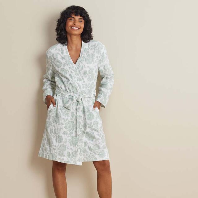 Textured Gauze Cotton Robe - Green/White, Size XS | The Company Store