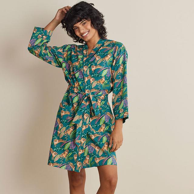 Printed Voile Women's Kimono Robe - Green/Orange/Coral, Size M/l, Cotton | The Company Store