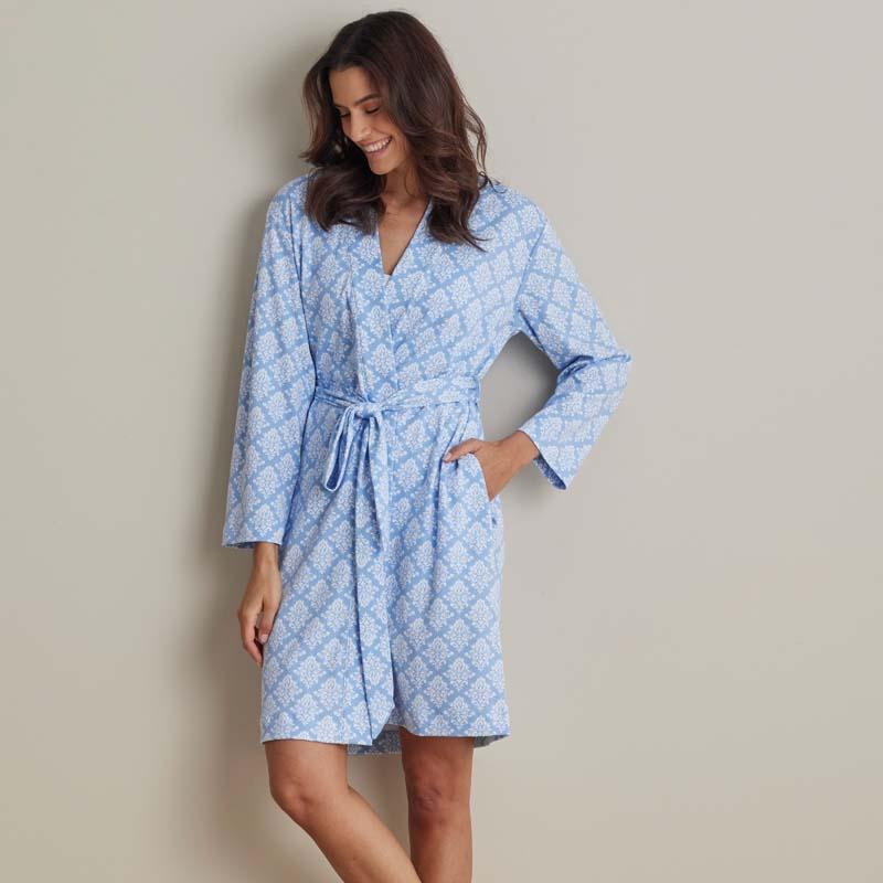 Printed Pima Cotton Women's Kimono Robe - Lisbon Blue, Size Large | The Company Store