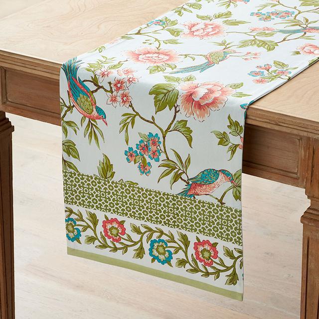 Garden Floral Cotton Table Runner - Spring Birds, 16 in. x 108 in. - Green/Pink/Teal/Turquoise Blue, Size 16 X 108 | The Company Store