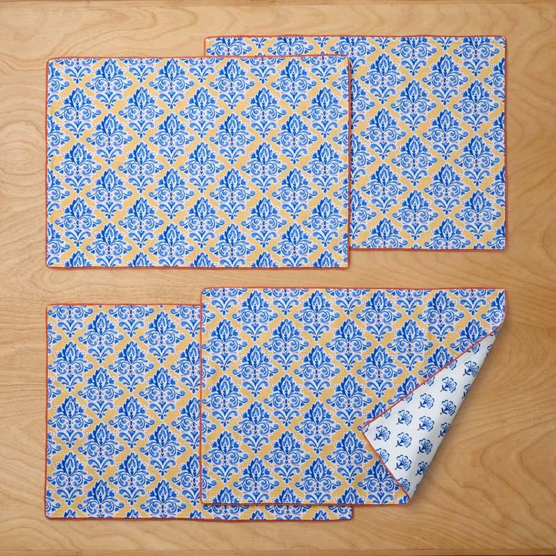 Ari Reversible Placemats, Set of 4 - Blue/Yellow, Size 20 x 14, Cotton | The Company Store